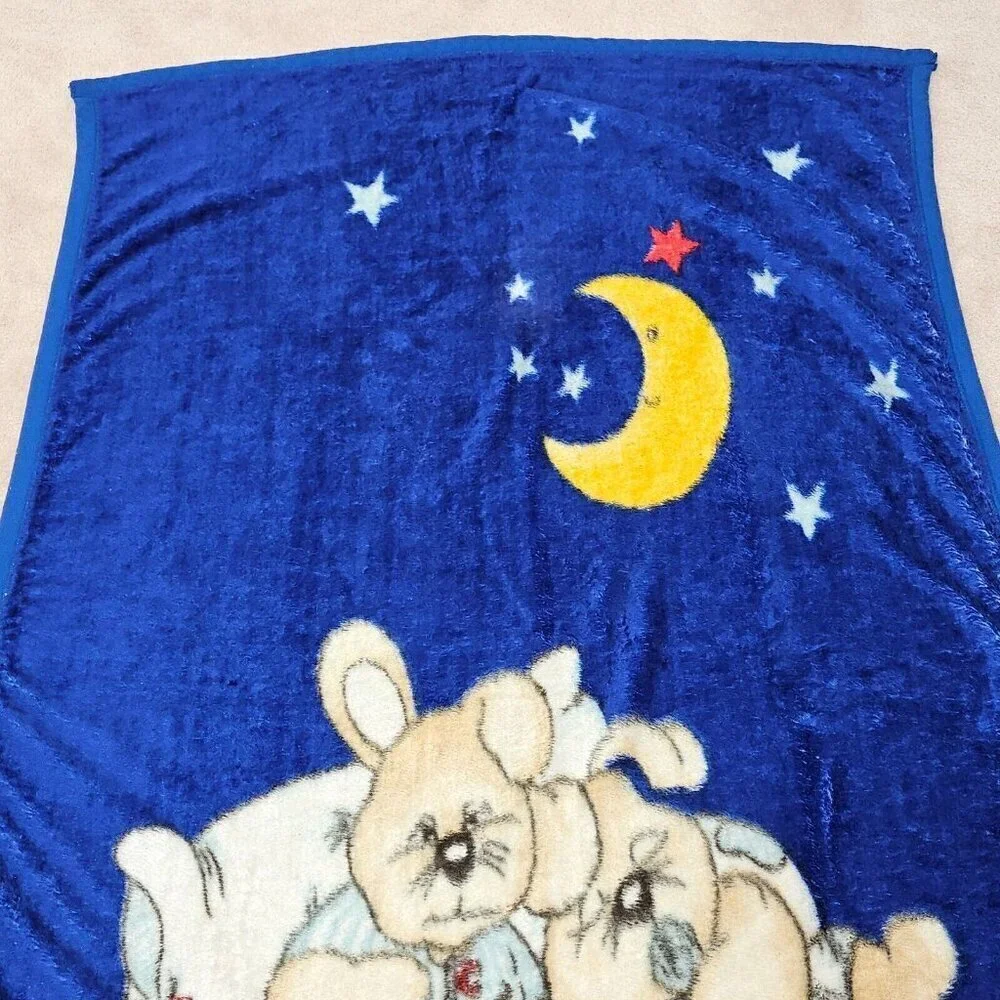 VTG Blue Blanket Sleeping Bunny Rabbits Moon Stars Rattle Acrylic Manterol? READ